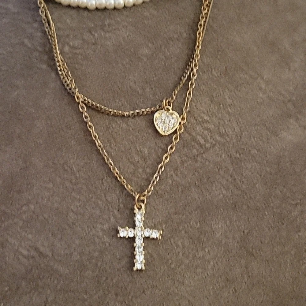 Y2k Glass Pearl Layered Chain Cross Heart Pendant Flapper Necklace